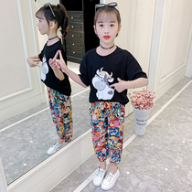 Girls summer suit 2021 new Korean version of the foreign style fashionable short-sleeved big childrens fashion childrens clothing childrens sports two-piece set