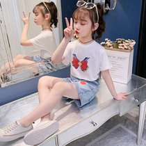 Girls summer dress western style denim suit net red 2021 new Korean version of the large childrens fashion two-piece set tide