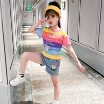 Girls suit summer 2021 new childrens summer net red cartoon large childrens denim shorts two-piece set