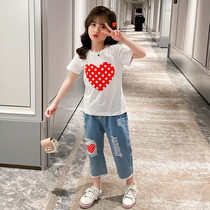 Girls net red suit 2021 new summer dress Western style female big child sports trend girl jeans two-piece set tide