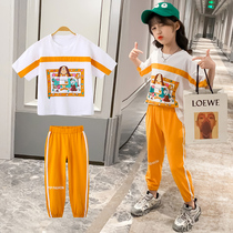 Girls suit summer 2021 new childrens clothing net red summer cartoon little girl Korean version of the Western style short-sleeved two-piece suit