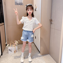 Girls summer clothes net red suit Yangqi 2021 new Korean version of fashionable large childrens clothing childrens short-sleeved sports two-piece suit