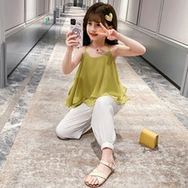 Girls net red suit summer 2021 new childrens Korean version of the little girl summer Western style suspender fashionable two-piece set