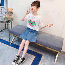 Girls summer suit 2021 new childrens summer big childrens clothing girls Korean version of the western style denim skirt two-piece set