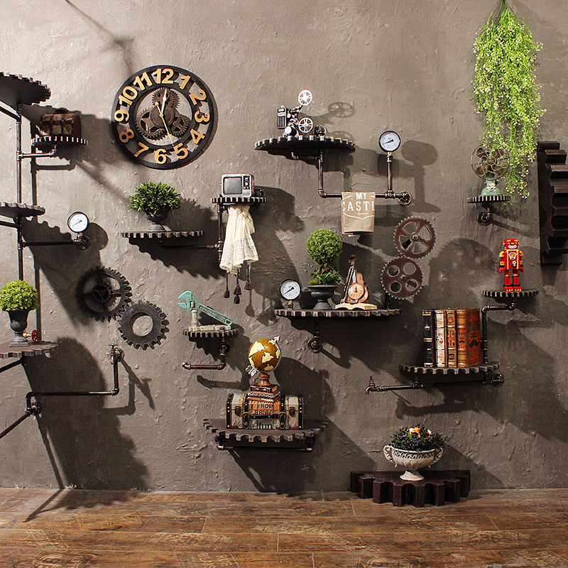 Retro Industrial Wind Iron tube wooden gear wall wall decorated bar art creative decoration wall hanging many models
