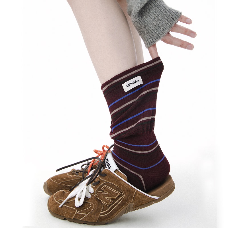 Ss2L Autumn and Winter Korean Style Retro Color-Block Striped White Label Loose Comfortable Versatile Mid-Calf Socks Slouch Socks for Women