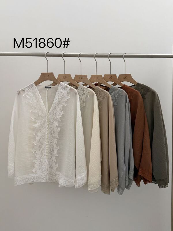 51860 French Lace Trim Long-Sleeve Shirt Women's Top Las 51860 French Lace Trim Long-Sleeve Shirt Women's Top Las