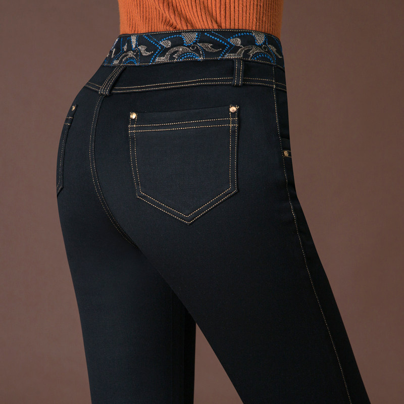 2022 spring new large sizes high waist women spring autumn middle-aged fat moms elastic jeans ladies straight down pants