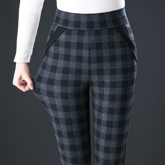 Зимние кашемировые брюки с высокой талией, клетчатые леггинсы на флисовой подкладке, утепленные шерстяные брюки для женщин среднего и старшего возраста, хлопковые брюки.