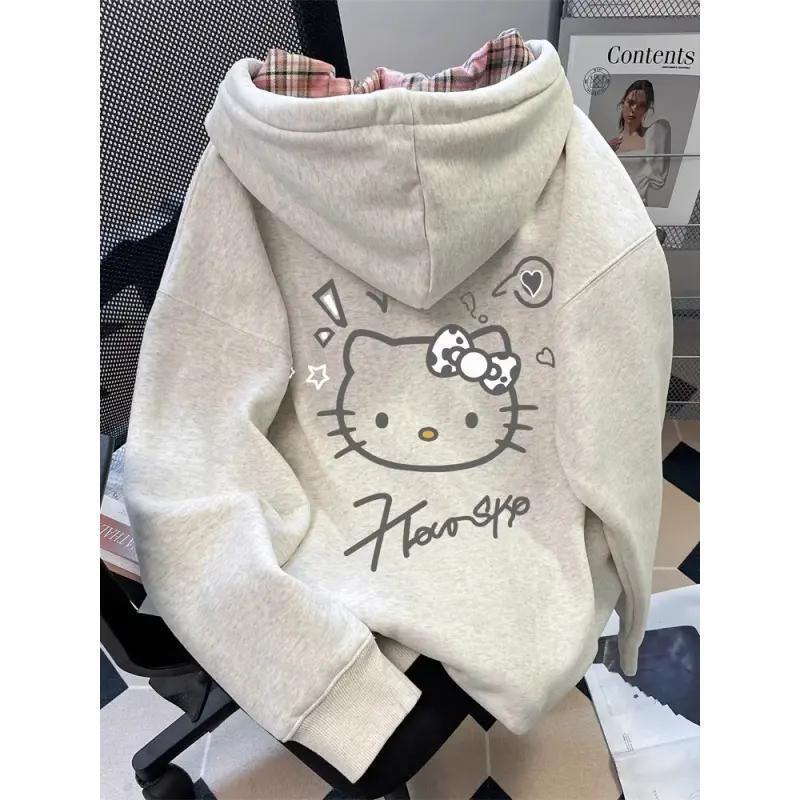 Girls' American-Style Kitty Cat Hooded Sweatshirt, Autumn and Winter Fleece-Lined, Preppy Style, Sweet Casual Cardigan Jacket