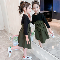 Girls Spring and Autumn Fake Two Piece Dress 2021 New Korean version of the Tong Tong Fashionable foreign style stitching sweater skirt