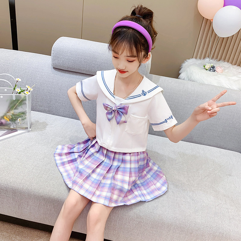 jk uniform suit girls summer short-sleeved sailor suit children's summer dress college style pleated skirt primary school student two-piece set