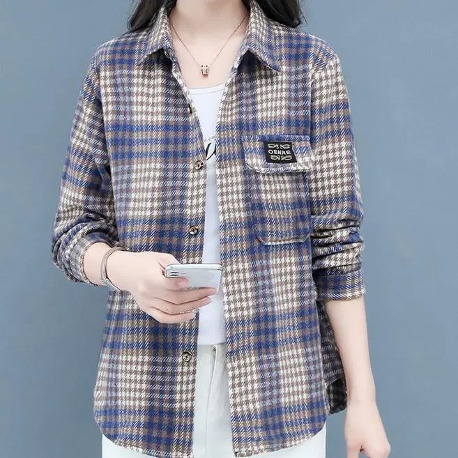 Small Quantity of Women's Clothing, Early Autumn New Style, Plus Size Soft Wool Plaid Mid-Length Shirt, Women's Casual Versatile Long-Sleeved Jacket