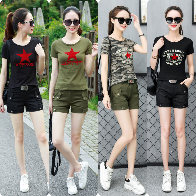 Water Soldiers Dance Costumes Camouflan Dress Camouflak With Short Sleeves T-shirt Woman Summer Suit Black Big Size Casual Shorts Two-piece Set