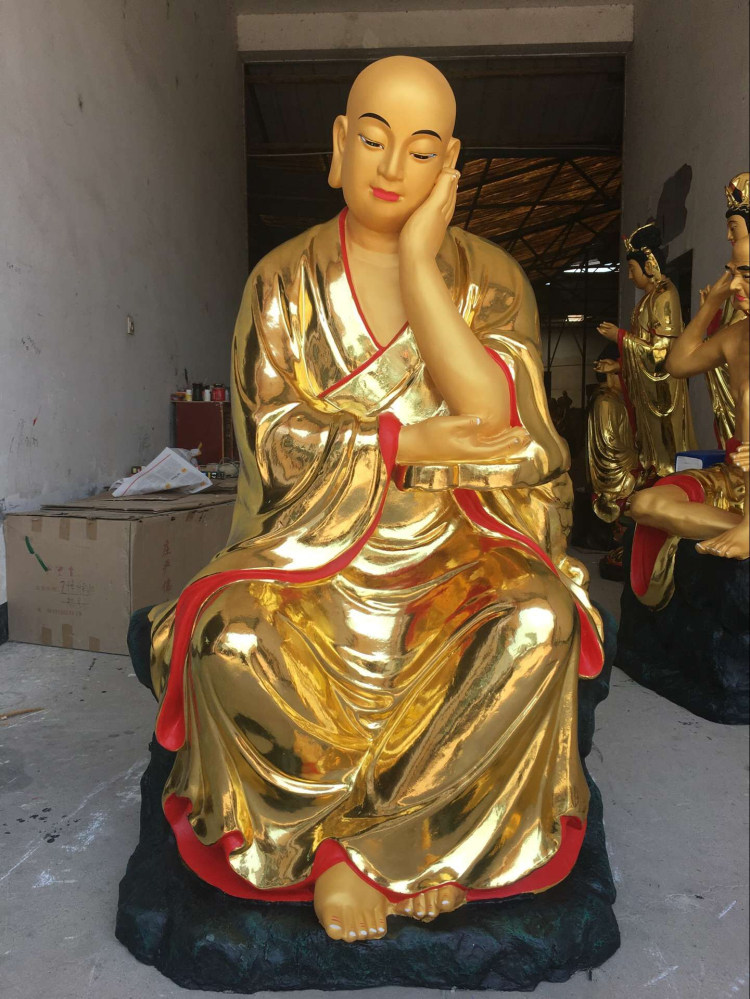 Manufacturer direct sale Buddha statue resin fiberglass Buddha statue Buddha gold color drawing 1 m 6 8 Rohan stick gold sitting Rohan