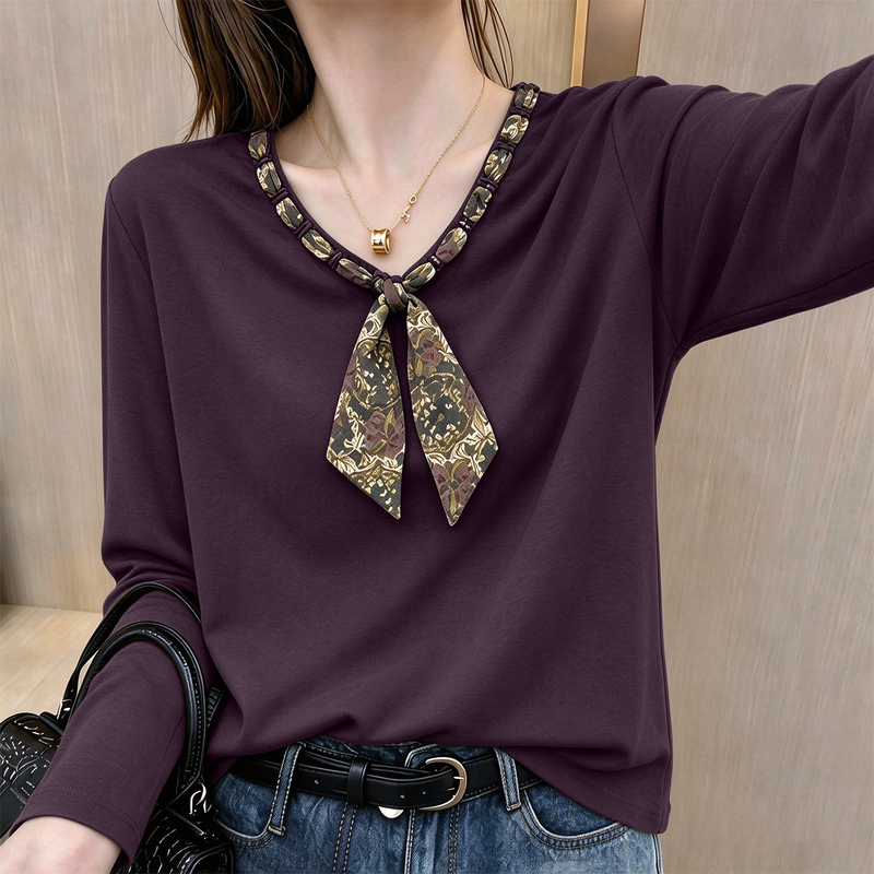 Plus-Size V-Neck Long-Sleeve T-Shirt for Women, Autumn 2026 New Fashion Stylish Loose-Fitting Slimming Versatile Top with Silk Scarf Tie Plus-Size V-Neck Long-Sleeve T-Shirt for Women, Autumn 2026 New Fashion Stylish Loose-Fitting Slimming Versatile Top with Silk Scarf Tie
