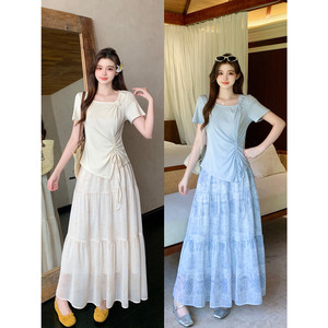 Yizhipai 2026 Summer New Plus Size Korean Style Irregular Short Sleeve Vintage Print Long Skirt Set