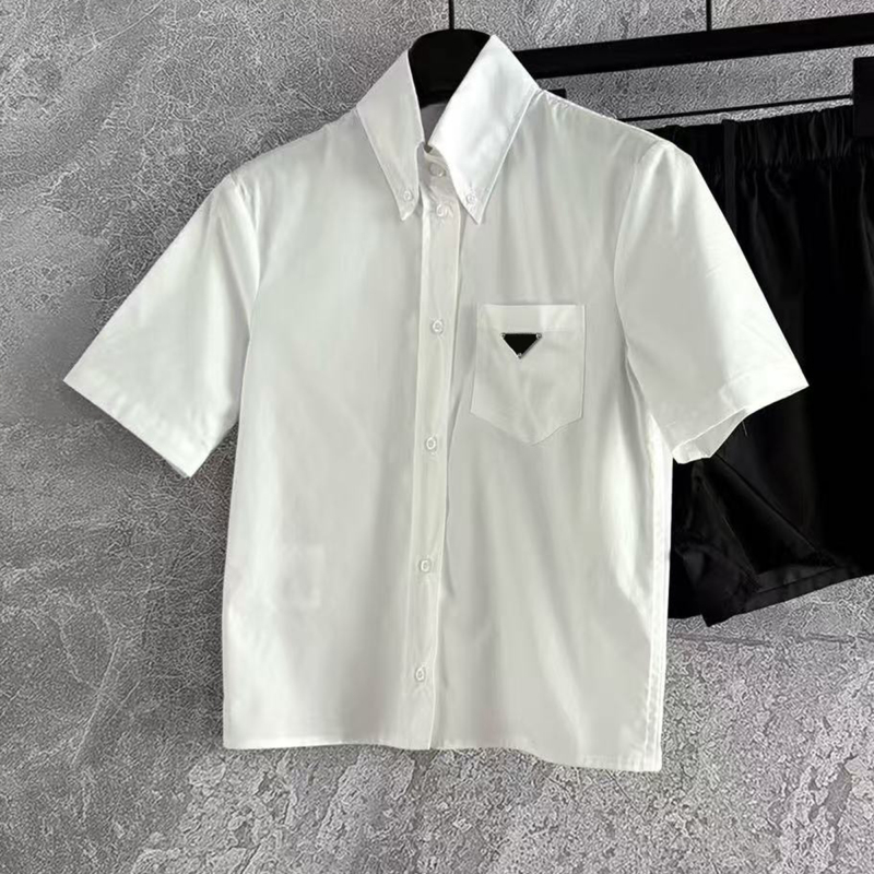 Everyone Has One: White Shirt for Women with Triangle Logo Pocket, College Style, Turn-Down Collar, Short-Sleeved Shirt, Thin Button-Up Top Everyone Has One: White Shirt for Women with Triangle Logo Pocket, College Style, Turn-Down Collar, Short-Sleeved Shirt, Thin Button-Up Top