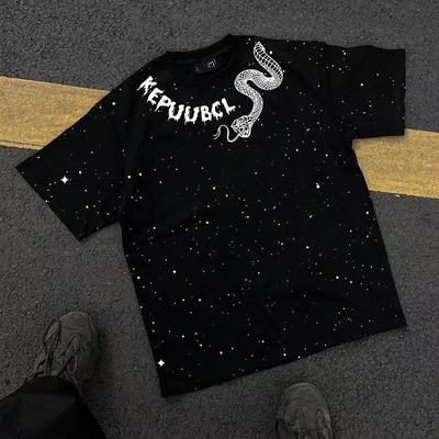 "Starry Sky printed short-sleeved T-shirt for men and women, new summer style American high street retro half-sleeved top base layer T-shirt.