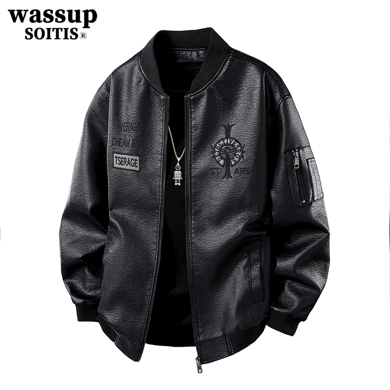 Wassup American Motorcycle Style Baseball Collar Pu Leather Jacket Men's Trendy Brand Embroidered Fleece-Lined Retro Leather Jacket Plus Size