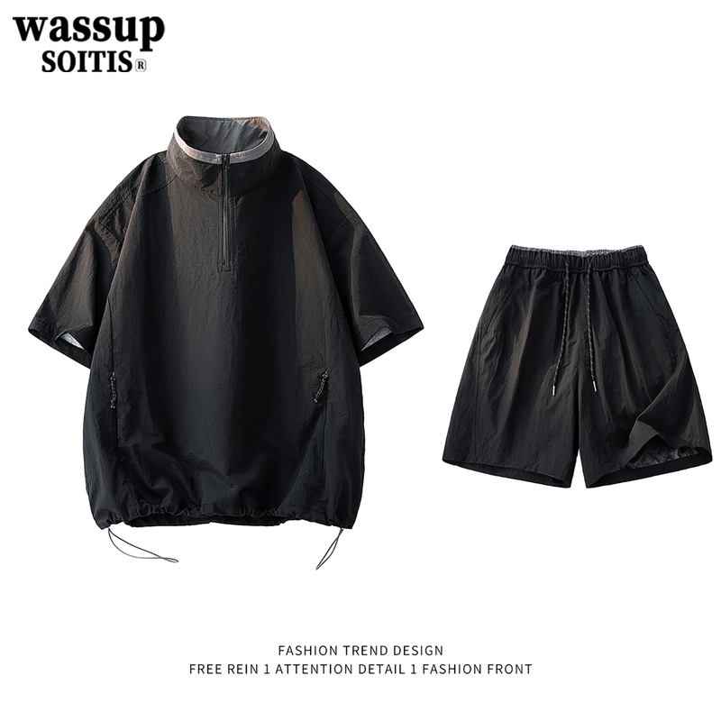 Wassup American-Style Sports Suit for Men and Women, Summer Short-Sleeved Half-Zip T-Shirt, Loose and Quick-Drying, Couple's Two-Piece Set, Trendy Wassup American-Style Sports Suit for Men and Women, Summer Short-Sleeved Half-Zip T-Shirt, Loose and Quick-Drying, Couple's Two-Piece Set, Trendy
