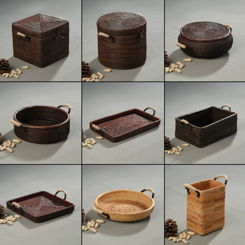 Vietnamese rattan chic iron art handle tea spot tray water fruit basket home bamboo woven buns head containing basket snacks sugar fruit box nursery tray