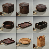 Vietnam rattan wrought iron handle refreshment tray Fruit basket Household bamboo steamed bun storage basket Snack candy box tray