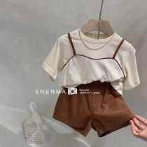 South Korean childrens clothing girls loose 100 hitch short sleeves blouses shorts 2021 Summer new childrens foreign air suit
