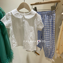 Korean Boy Clothing Girl 2021 Summer New White Short Sleeve Shirt Han Edition Children Foreign Air Plaid Pants Two Sets