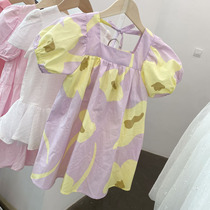 Korean Boy Clothing 2021 Summer New Girl Foreign Air Square Collar Bubble Cuff Clot Dress Child Lacing Flowers Skirt