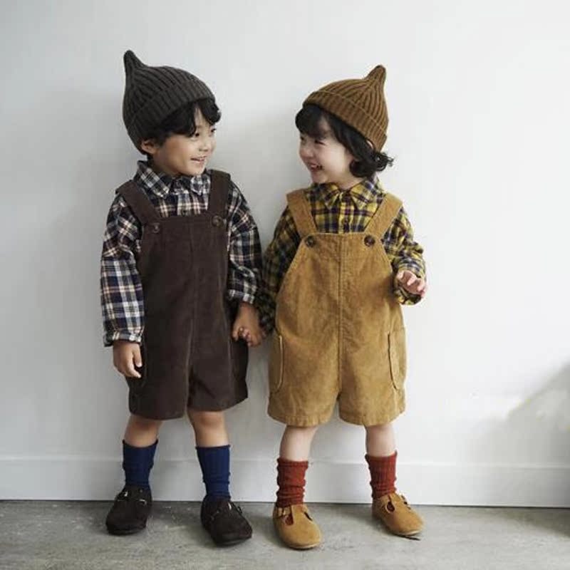 Korean children's clothing spring and autumn Korean style fashionable boys and girls cotton linen plaid shirt children's shirt baby bag pants suit