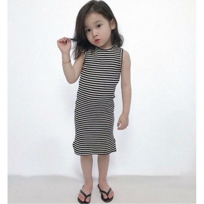 Korean girls summer Korean version black and white striped knitted sundress Children's base skirt Long skirt Long version T-shirt