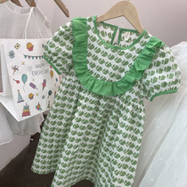 South Korean childrens clothing 2021 Summer new girls Little fresh and broken flowers Liandress Children lace with lace Bubble Sleeves Princess Dress