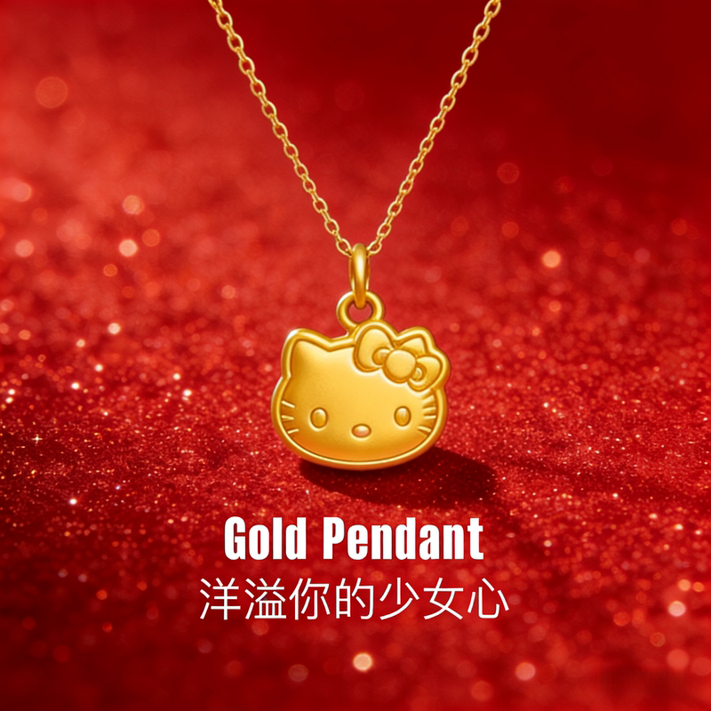 Authentic Hello Kitty Cat Pendant Necklace with Bell and Fortune Beads, a Gold-Plated Silver Gift for Girlfriend on Qixi Festival