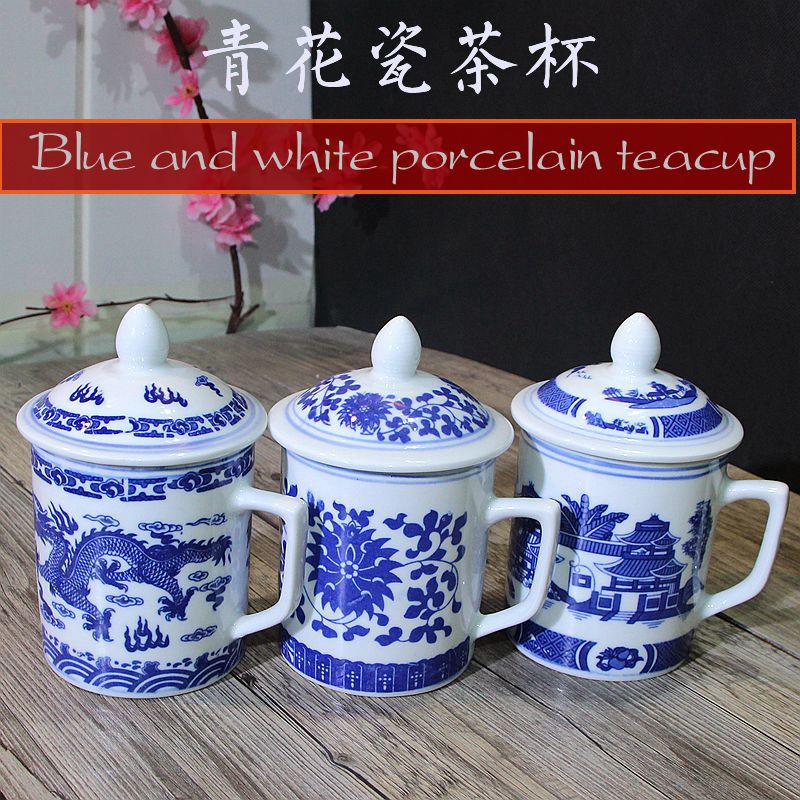 Blue and white porcelain tea cup Chinese retro underglaze color Jingdezhen single cup office Cup household large with cover water Cup commercial