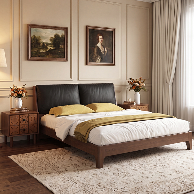 Medieval-Style Solid Wood Bed, Black Walnut Leather Upholstered Bed, 1.5m Single Bed, Master Bedroom, 1.8m Double Beds Medieval-Style Solid Wood Bed, Black Walnut Leather Upholstered Bed, 1.5m Single Bed, Master Bedroom, 1.8m Double Beds