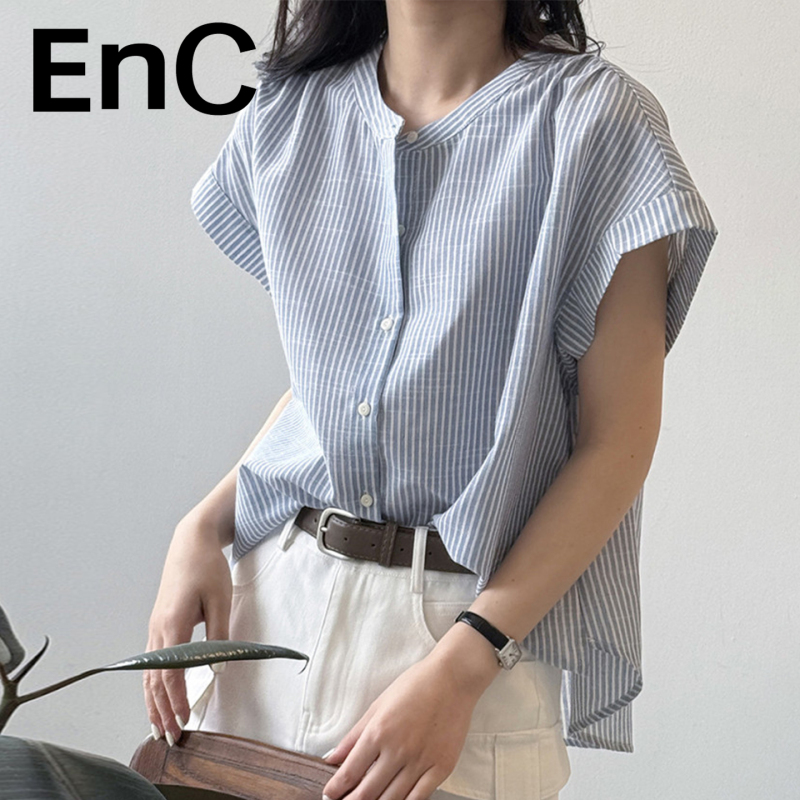 Enc Yilian Group's Imitation Cotton and Linen Striped Short-Sleeved Shirt for Women, Summer Work Wear, Small Flutter Sleeves, Sleeveless Top Enc Yilian Group's Imitation Cotton and Linen Striped Short-Sleeved Shirt for Women, Summer Work Wear, Small Flutter Sleeves, Sleeveless Top