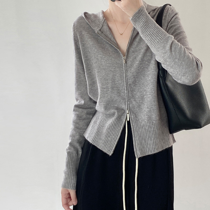 Double Zipper Hooded Knit Sweater Women's Cardigan Jacket Spring 2026 New Style Inner Layer Hoodie Gray Sweatshirt Double Zipper Hooded Knit Sweater Women's Cardigan Jacket Spring 2026 New Style Inner Layer Hoodie Gray Sweatshirt