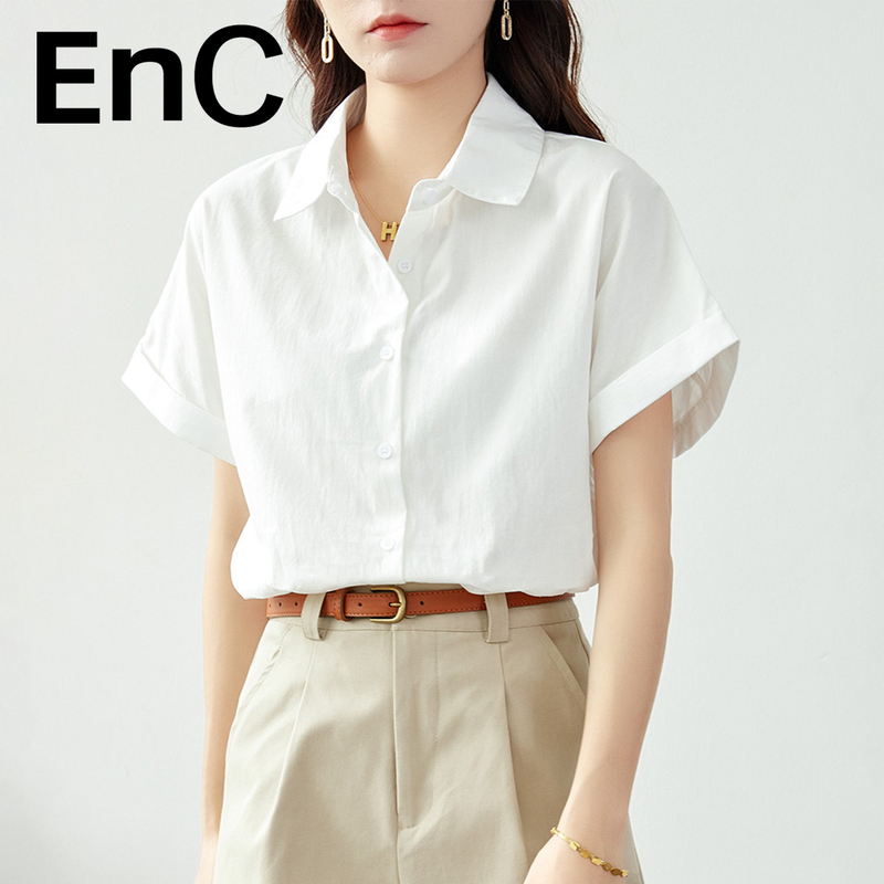 Enc Yilian Group's Pure Cotton White Women's Short-Sleeved Shirt, Summer Office Wear, Women's Top Shirt