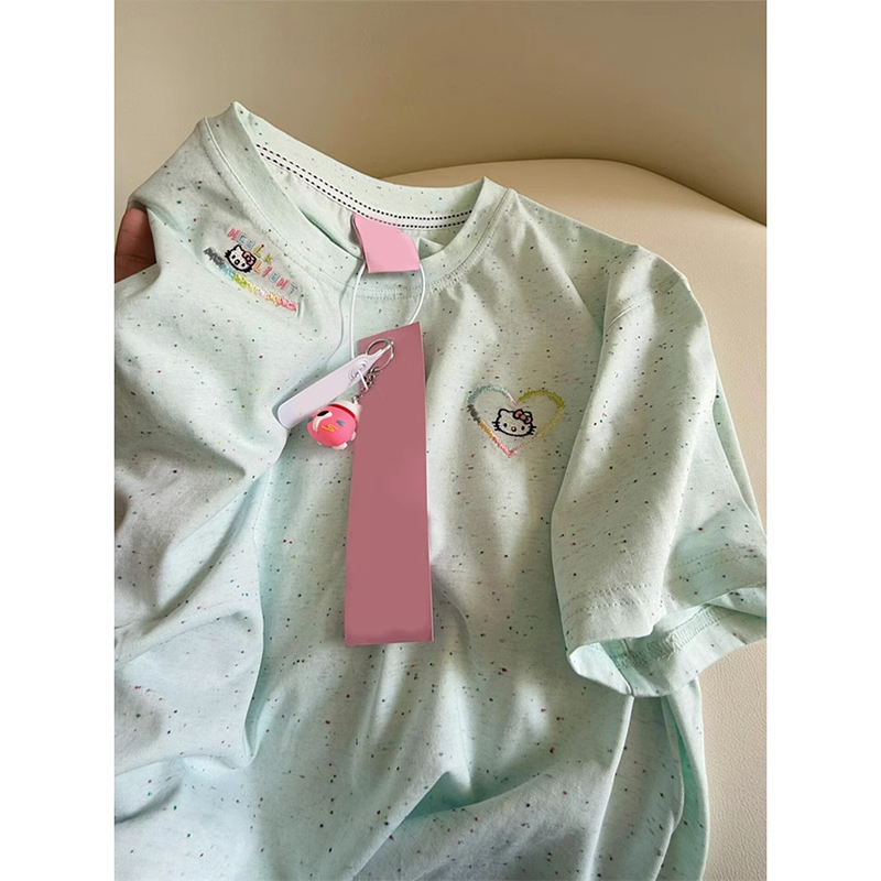 2026 New Mint Green Kitty Cat Heart Embroidery Short-Sleeved T-Shirt for Women, Summer Loose Student Pure Cotton Top