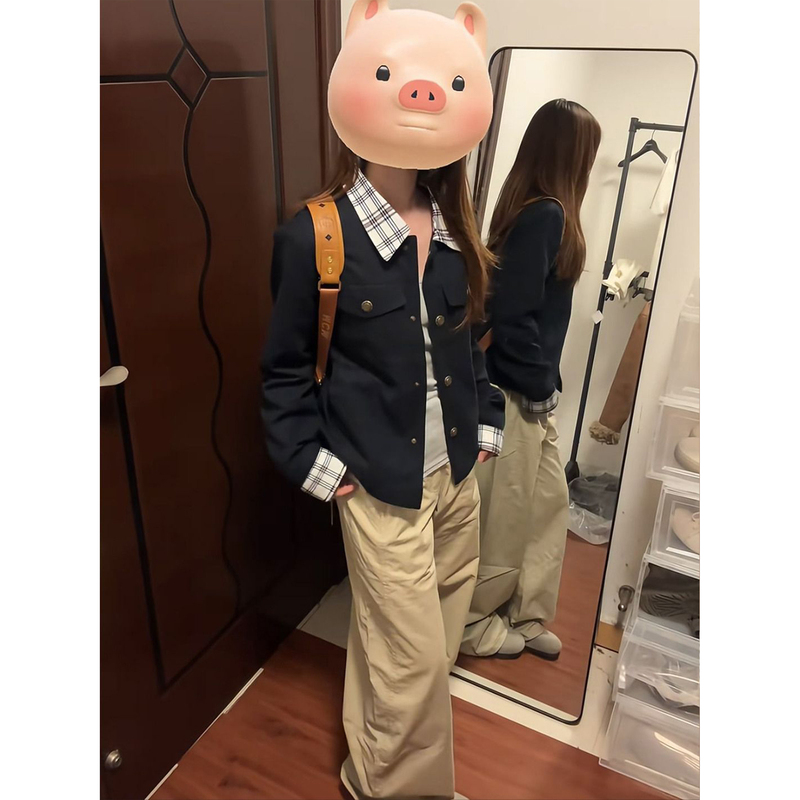 2026 Autumn New Navy Blue Plaid Patchwork Lapel Jacket Women's Autumn and Winter Loose Cardigan Short Top