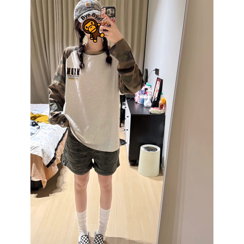 American High Street Camouflage Color-Block Long-Sleeve T-Shirt for Women 2026 Early Autumn New Loose Couple Raglan Sleeve Top