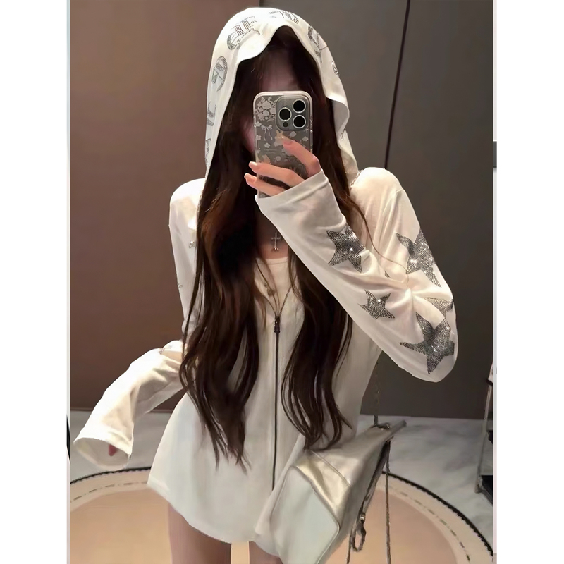 Summer Sheer Star-Studded Rhinestone Hooded Long-Sleeve Women's Thin Breathable Loose Zipper Sun Protection Outdoor Jacket Summer Sheer Star-Studded Rhinestone Hooded Long-Sleeve Women's Thin Breathable Loose Zipper Sun Protection Outdoor Jacket