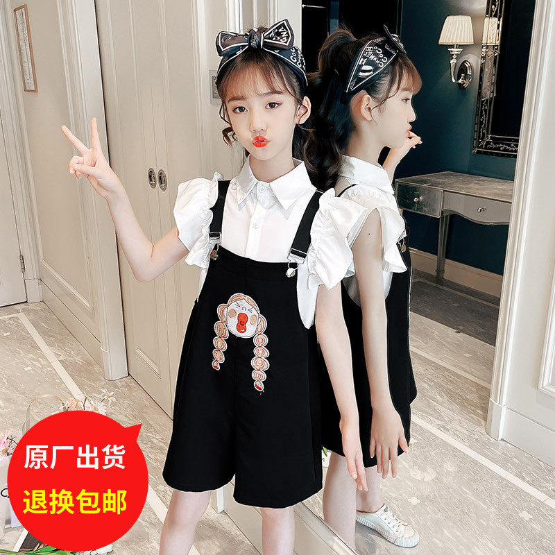 Girl Suit 2022 New Foreign Pie Children Little Girl Flowers Side Short Sleeve Baby Bag Straight Drum Shorts Two Sets Trend