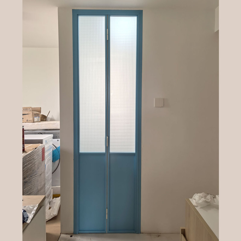 French-Style Vintage Kitchen Blue Folding Door, Pear-Patterned Wire Glass Bathroom Moisture-Proof Yellow and Red Folding Door French-Style Vintage Kitchen Blue Folding Door, Pear-Patterned Wire Glass Bathroom Moisture-Proof Yellow and Red Folding Door
