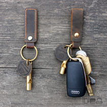 Ai Ji handmade brass cowhide keychain retro Crazy Horse leather car key ring pendant whistle creative gift