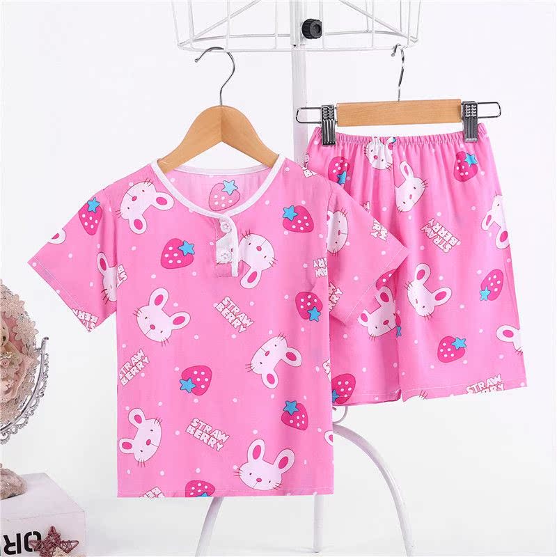 . Pajamacotton lụa của nam giới và trẻ em gái về nhà quần áo bộ ngắn tay lụa bé cậu bé điều hòa không khí quần áo trẻ em Mùa mỏng.