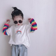 . Xuân Thu trẻ em mới quần áo cô gái giả hai cầu vồng tay đáy trẻ em đầu bé loose-fitting T-shirt.