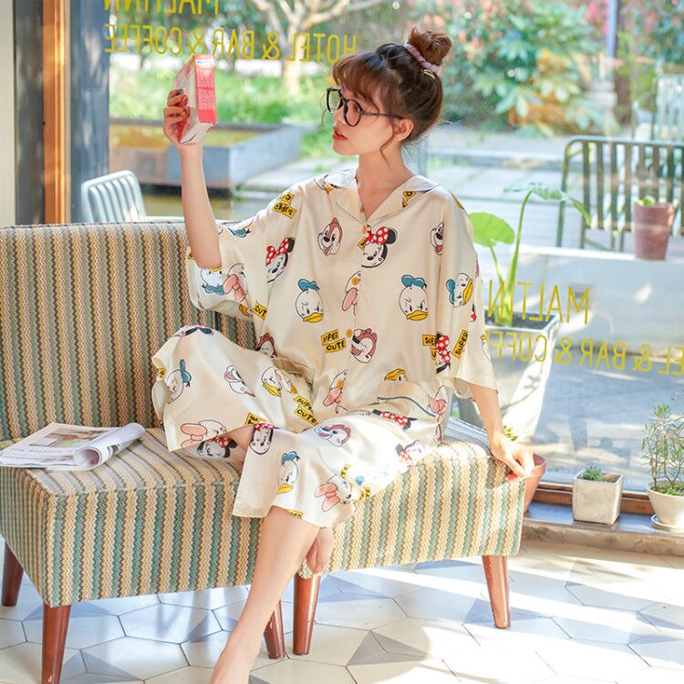 . Mùa hè ngủ băng lụa váy womens dài tay giữa váy dễ thương thời trang ve áo bé gái cardigan pajama nhà váy lớn.