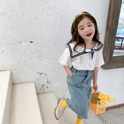 . Khen ngợiHàn Quốc phiên bản của cô gái cổ điển denim midskirt Hồng Kông gió nửa váy ve áo hải quân học viện gió t-shirt năm 2020.